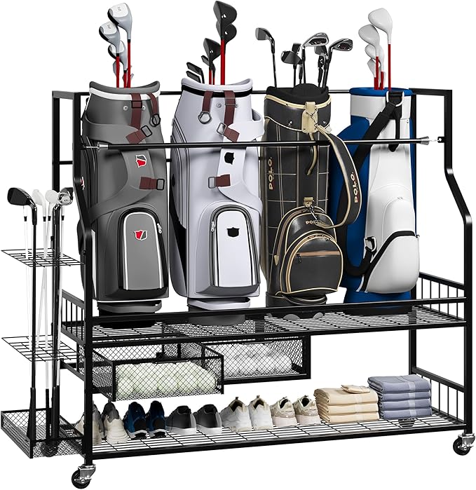 PeakPursuit Golf Bag Organizer and Storage Rack Stand Holder Fits Golf Club Bags and Multiple Golfing Equipment Accessories, Storage Rack with Drawers and Wheels for Indoor/Outdoor Garage, Clubs