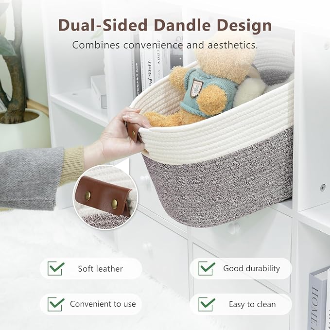 Cotton Rope Basket, Storage Baskets with Handle, 15x10x9 Inch Woven Basket for Shelves, Laundry, Towels, Clothes, Books (White Brown 3 Pack)