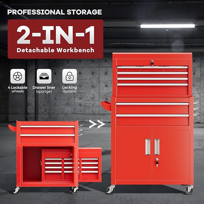Bonusall 8 Drawer Rolling Tool Chest and Cabinet Combo,Heavy-Duty Metal Garage Tool Chest with Wheels and 2 Doors,2-in-1 Top Box and Roller Cabinet Combo for Garage, Workshop, Warehouse-Red