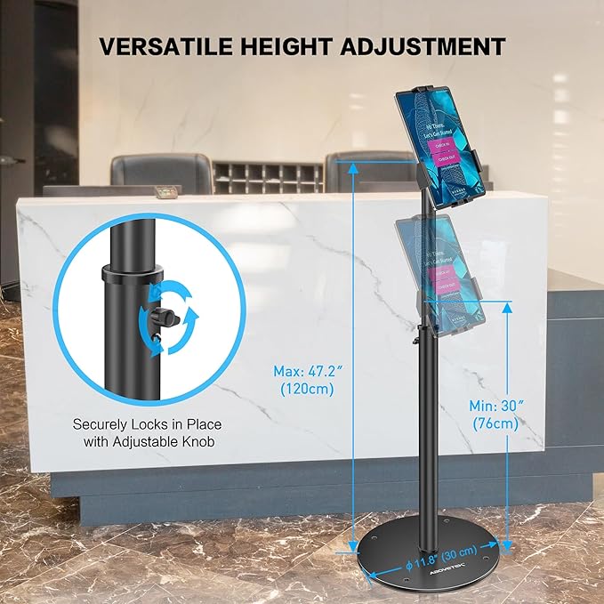 AboveTEK iPad Kiosk Floor Stand - Height Adjustable POS Tablet Floor Stand, 360° Swivel Universal Locking Holder for 7.9"-11" iPad/Air/Samsung - Anti-Theft Security Stand for Retail, Business