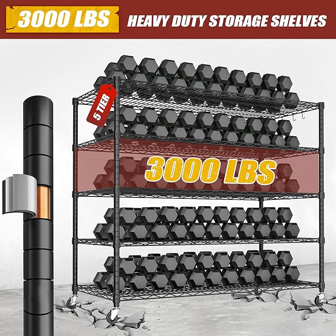 PrimeZone 5 Tier 80.7" Hx55.5 Wx24 D Wire Shelving with Wheels 3000lbs NSF Certified Storage Shelves Heavy Duty Metal Shelf Adjustable Rolling Rack Commercial Garage Restaurant Warehouse Kitchen 2Pcs