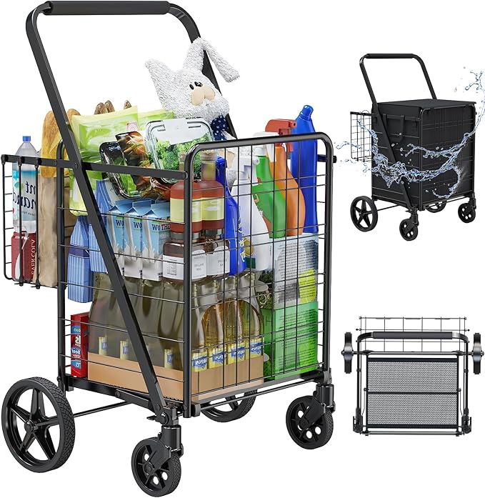 Folding Shopping Cart with Waterproof Bag, Grocery Cart with Encrypted Mesh Bottom, 23 Gal Double Basket & 360° Swivel Wheels, 260 Lbs Heavy Duty Shopping Carts for Groceries, Laundry