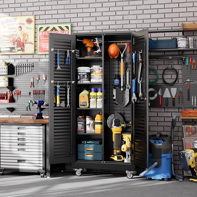 Garage Storage Cabinet with Wheels and 4 Shelves, Metal Broom Closet Storage Cabinet with Hanging Rod, Pegboard and 13 Hooks for Garage Home, Black, Assembly Required