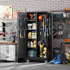 Garage Storage Cabinet with Wheels and 4 Shelves, Metal Broom Closet Storage Cabinet with Hanging Rod, Pegboard and 13 Hooks for Garage Home, Black, Assembly Required