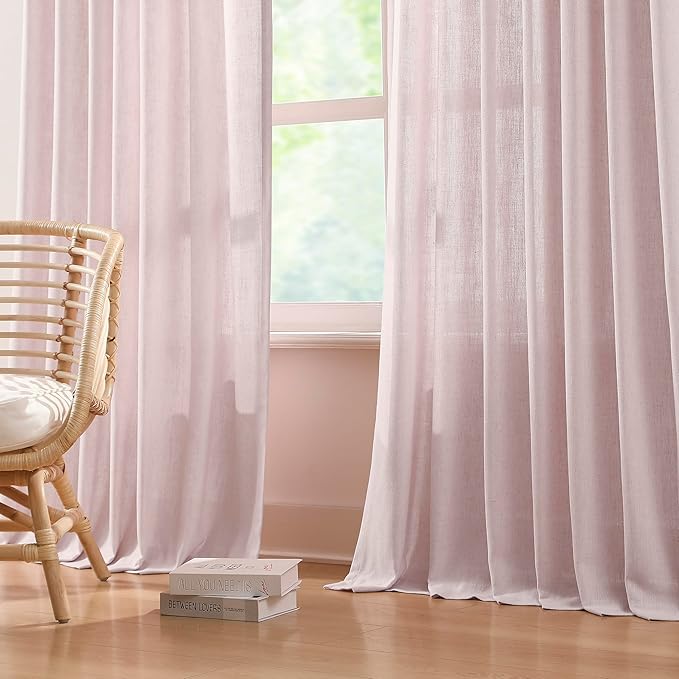 Vision Home Soft Pink Pinch Pleated Semi Sheer Curtains Textured Linen Blended Light Filtering Window Curtains 120 inch for Living Room Bedroom Patio Pinch Pleat Drapes with Hooks 10FT 60" Wx120 Lx1