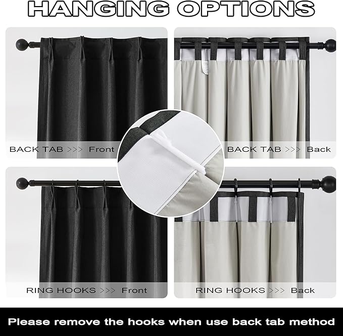 DUALIFE Black Out Curtain Panels Tab Back with Hooks, Sundproof Thermal Insulated Pleat Long Curtains/Drapes for Sliding Glass Door Hall/Dining Room, 40 Wide by 96 Inches Long, Set of 2