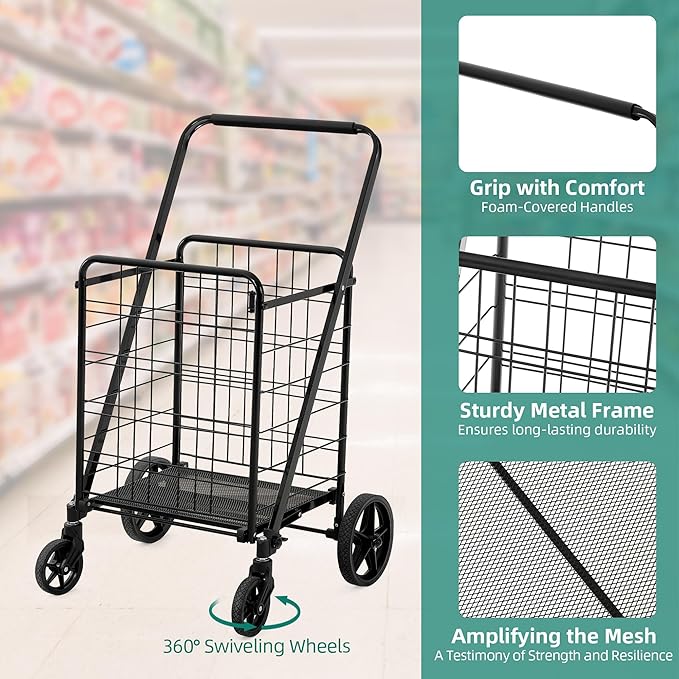 YITAHOME Utility Foldable Shopping Cart with Wheels, Large Reinforced Mesh Bottom, Portable Collapsible Rolling Cart for Laundry, Grocery, Luggage, Storage and Seniors, 220 lbs Capacity, Black