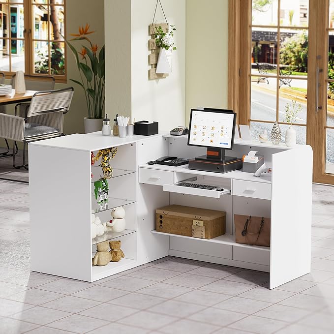 PAKASEPT Reception Desk with Counter for Retail & Checkout,Modern Front Reception Counter with Drawers & Open Shelves,L-Shaped Retail Counter with Storage for Countertop,Beauty Salon,Shop,Bar,White