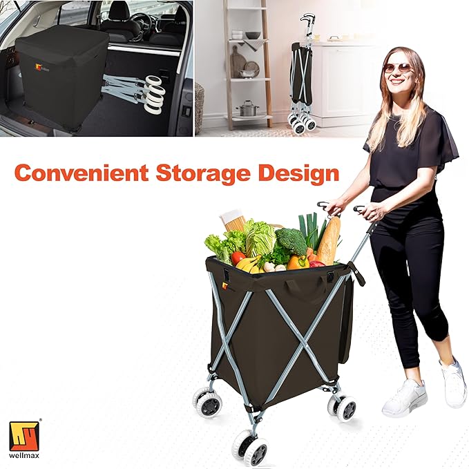 Wellmax WM99100 Series Folding Shopping Cart with Wheels, Grocery Cart with Removable Canvas with Cover, Lightweight Utility Cart for Groceries and Laundry - Holds up to 120 lbs (Black)