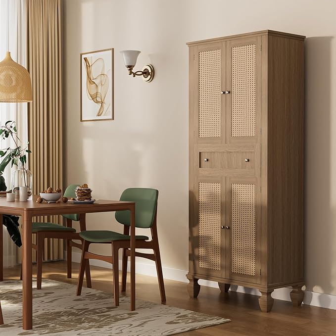 72 inch Kitchen Pantry Storage Cabinet, Freestanding Pantry Cabinet, Tall Cabinets with Doors and Shelves,Freestanding Cupboard with Adjustable Shelves for Dining Room，Natural