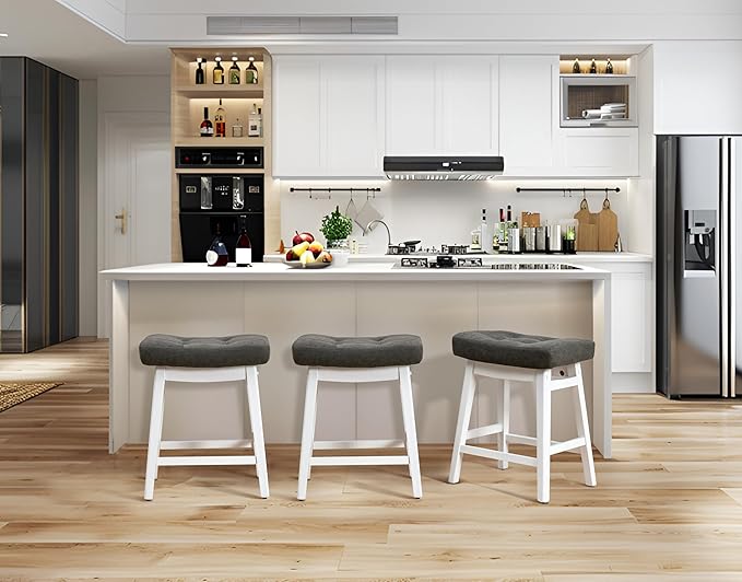 Counter Height Bar Stools Set of 6 for Kitchen Counter Farmhouse Modern Barstools with Faux Leather Upholstered Backless Seat and Solid Wood Legs 24 inch Bar Chairs, Grey + White