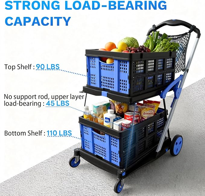 Collapsible Shopping Cart with Wheels, 2 Storage Crates & 1 Storage Bag, 200 lbs Capacity Multi Use Functional Grocery Cart, Space-Saving Design for Home/Office/Picnic