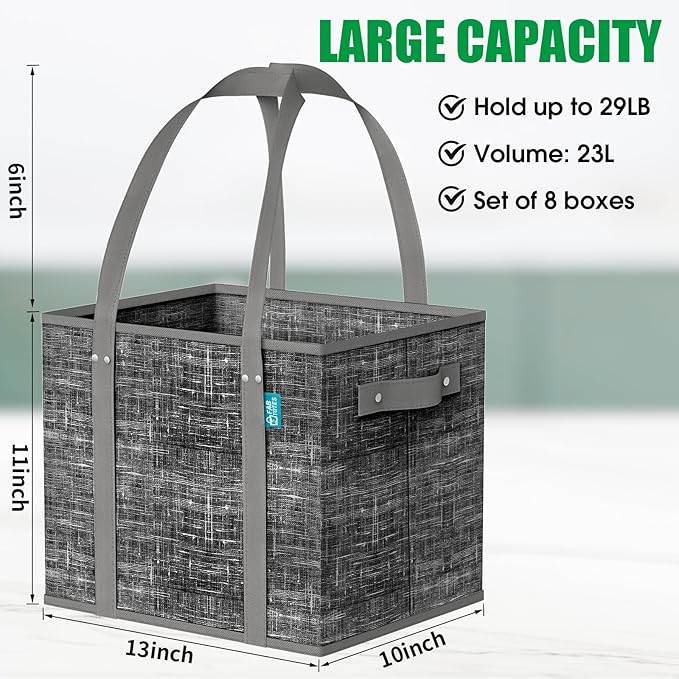 Fab totes Reusable Grocery Bags, Large Foldable Shopping Tote Bags with Reinforced Handles & Hard Bottom,Water Resistant Grocery Bags for kitchen,Picnic,8 Pack, Black