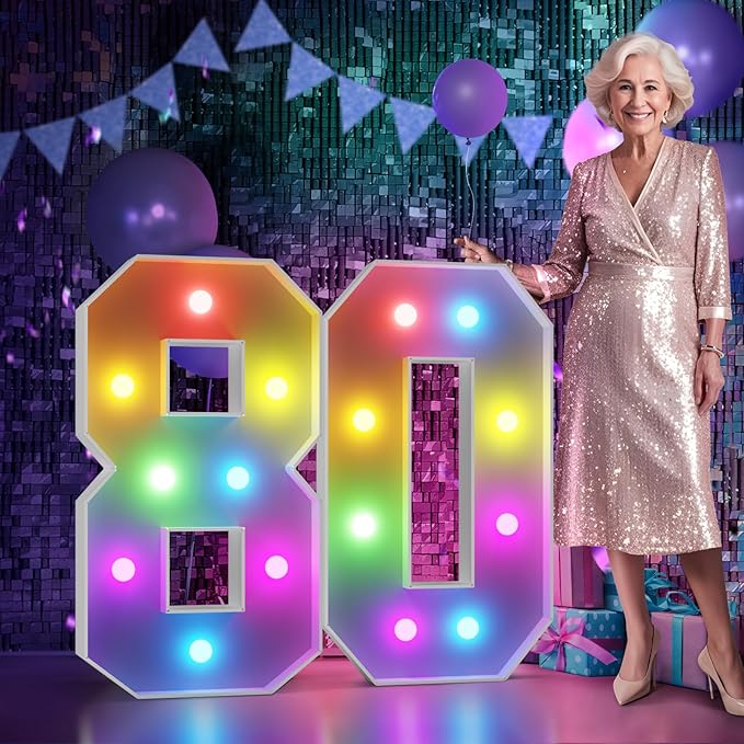 Marquee Numbers 80th Birthday Decoration: Colorful 3FT Large Light Up 80 Year Old Birthday Decorations Anniversary Backdrop Cardboard Sign 18 Colors Number 80 Mosaic Balloon Frame