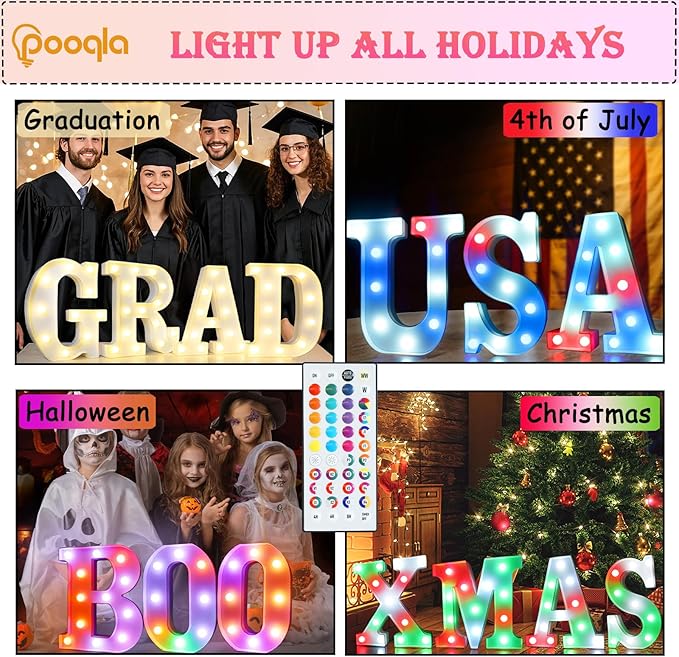 Pooqla Colorful Light Up Letters with Remote, Upgraded 35 Colors LED Marquee Letters, RGB Lighted Letter for Girls Teenager Gift, Birthday, Party, Wedding, Night Light, Room, Bedroom Decor, Letter W