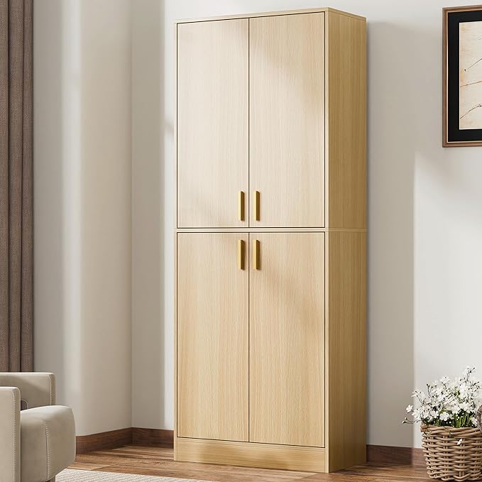 Cozy Castle Kitchen Pantry Cabinet, 71" Tall Wood Storage Cabinet with Doors and Shelves 4 Doors Freestanding Cupboard for Dining Room Living Room Bathroom Furniture, Oak