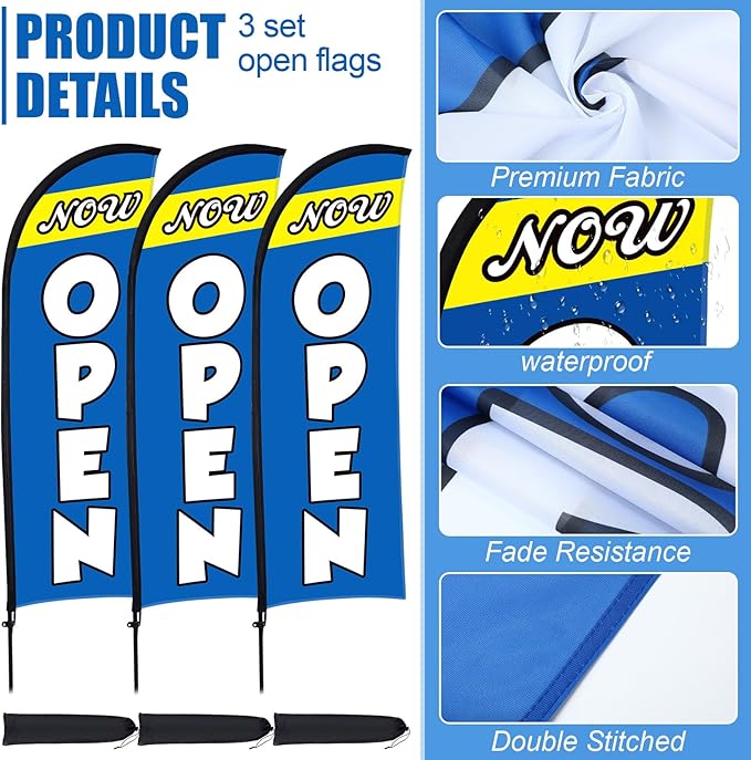 Buryeah 3 Sets Now Open Feather Flag Pole Kit for Business Advertising 7 ft Open Flag Banner Sign with Pole Kit Ground Stake and Portable Bag for Outside Ground (Blue)