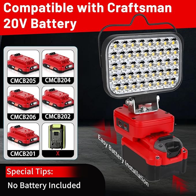 Work Light for Craftsman V20 Battery,84W 8000LM Portable Cordless Floodlight with USB&Type C Fast Charging Port for Craftsman Tools,LED Spotlight for Camping,Fishing,Workshop