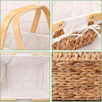Wicker Picnic Basket with Handle and White Liner, Perfect for Couples, Families, and Friends. Hand-Woven Water Hyacinth Basket with Lining for Outdoor Dining and Home Decor