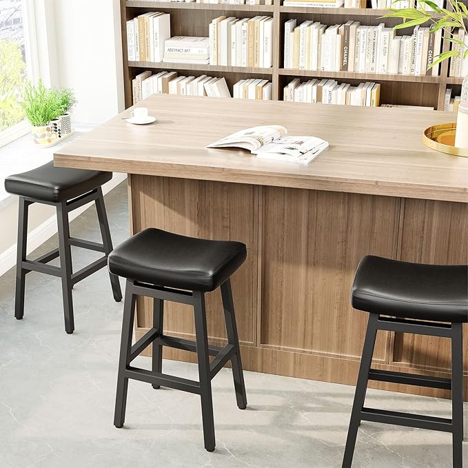 29 Inches Bar Stools Set of 2, Bar Height Barstools for Home Counter, Blackless Barstool with Bonded Leather Saddle Seats & Heavy Duty Metal Legs, Easy Assembly, Gray/Black