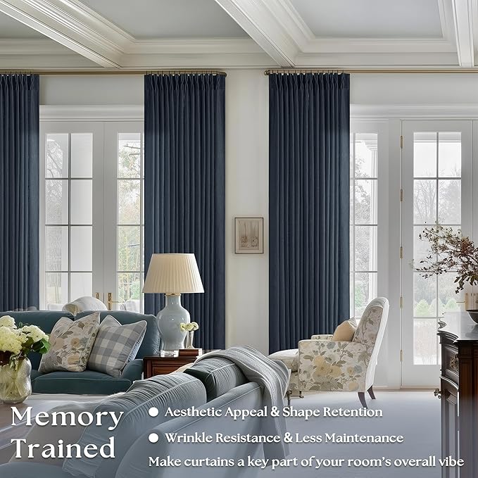Extra Long Navy Linen Curtains 120 Inches Long Dark Blue Indigo Farmhouse Modern Curtain Light Filtering Semi Sheer Back Tab Pinch Pleat Curtain for Tall Ceiling Living Room Bedroom 2 Panels