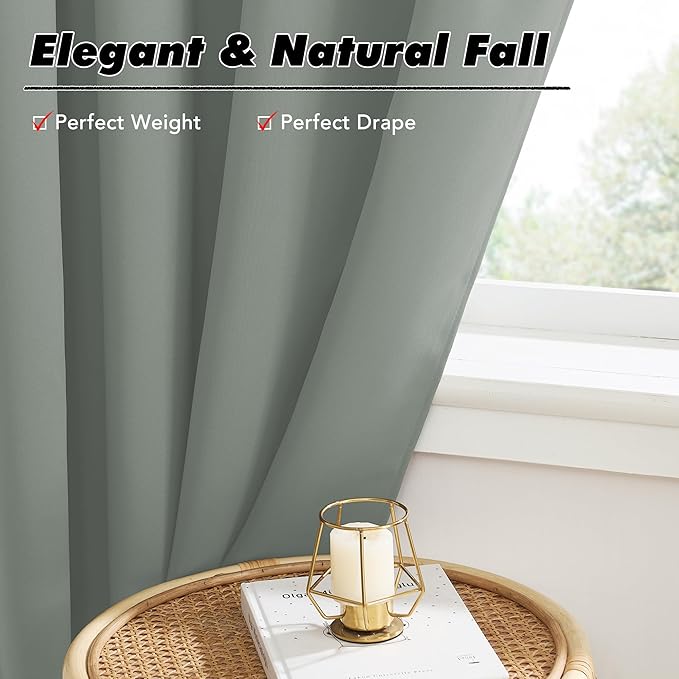 KGORGE Grayish Green Curtains 63 inch Length 2 Panel Set for Living Room, Light Blocking Thermal Insulated Room Darkening Curtains for Bedroom Living Room, Back Tab Rod Pocket, 52 x 63 inch Long