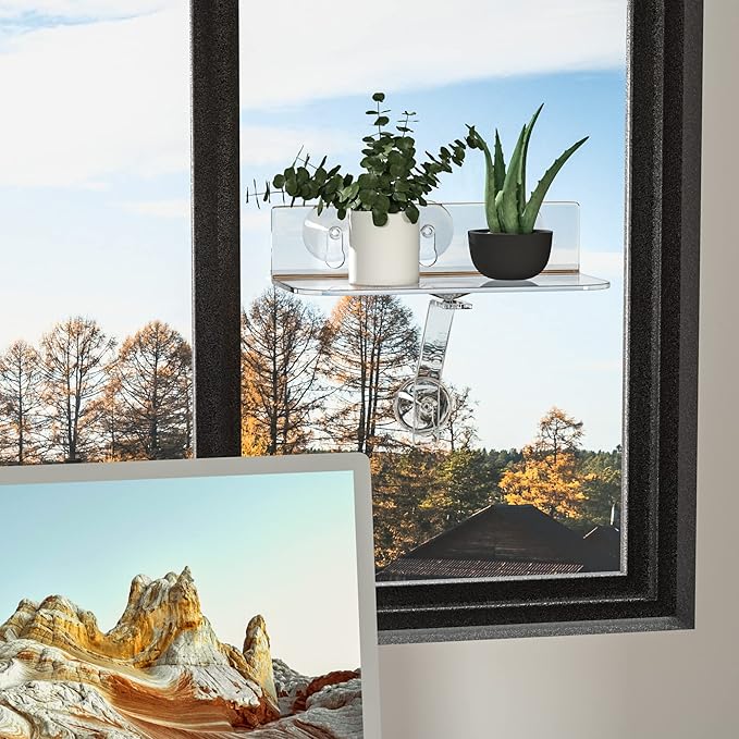 Clear Acrylic Windows Plant Shelves, 12 Inch Window Plant Stand with Legs, No Need Drilling Indoor Windows Suction Cup Shelf Wall Shelf for Plants, Home Décor, Toiletries(2 Pack)