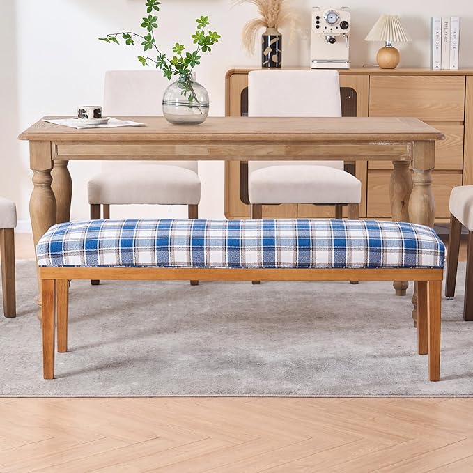 Rowill 53 Inch Long Entryway Bench for Bedroom End of Bed, Dining Room Bench with Upholstered Padded Seat and Solid Wood Leg for Kitchen, Living Room, Indoor and Hallway, Blue