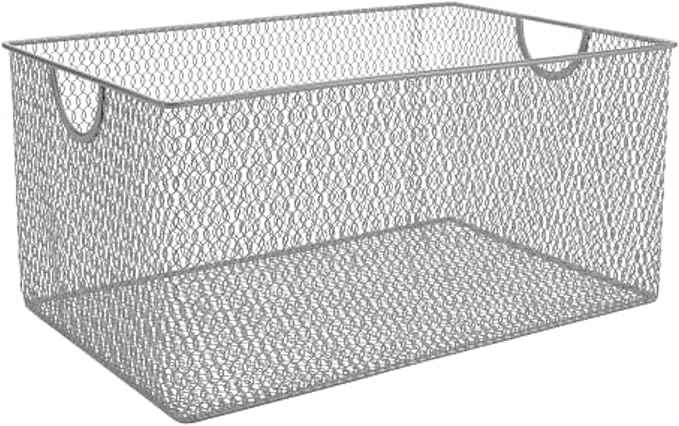 YBM Home Mesh Wire Storage Basket for Shelves, Pantry Organization, and Kitchen - Multipurpose Steel Wire Basket Holder Bin for Organizing Office Supplies, Household Toiletries and Laundry Supplies