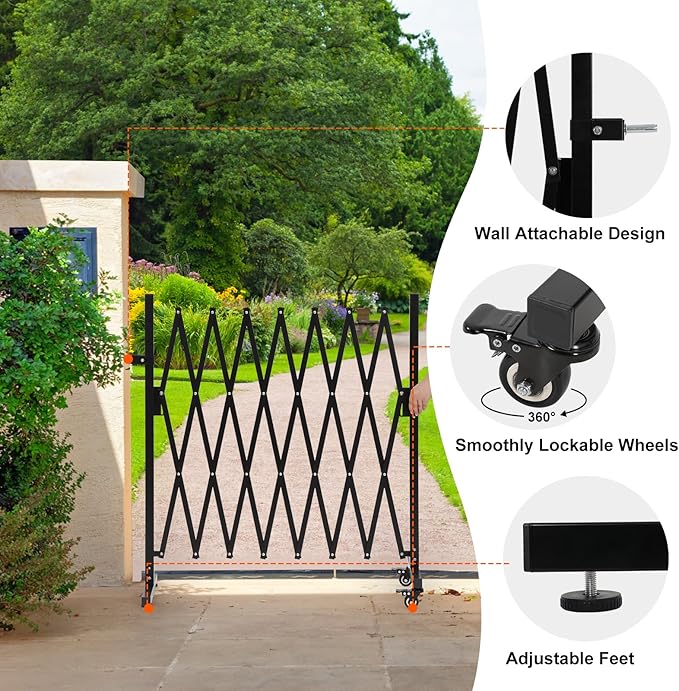 SMONTER Expandable Barricade Gate, 82" Metal Safety Barrier Gate with Casters, Accordion Garden Yard Fence Portable Dog Gates with Latch Indoor Outdoor