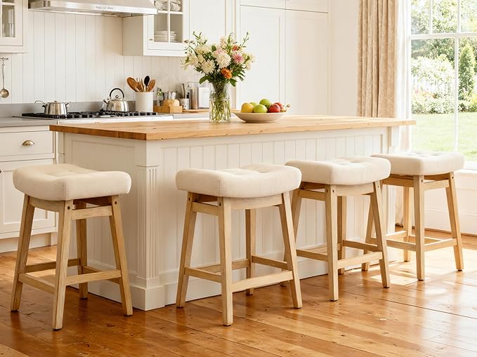 Counter Height Bar Stools Set of 3 for Kitchen Counter, Backless Farmhouse Kitchen Island Barstools with Upholstered Fabric Saddle Seat and Solid Wood Legs Modern 24 inch Bar Chairs, Khaki