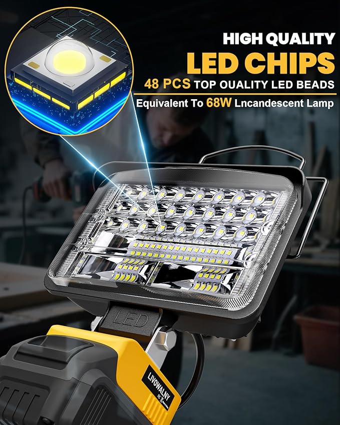 LIVOWALNY Cordless LED Work Light Compatible with Dewalt, 78W 7800LM 5" 20V Battery Flashlights with USB & Type-C & Low Voltage Protection & 140° Pivoting Head for Emergency, Outdoors & Job Site Light