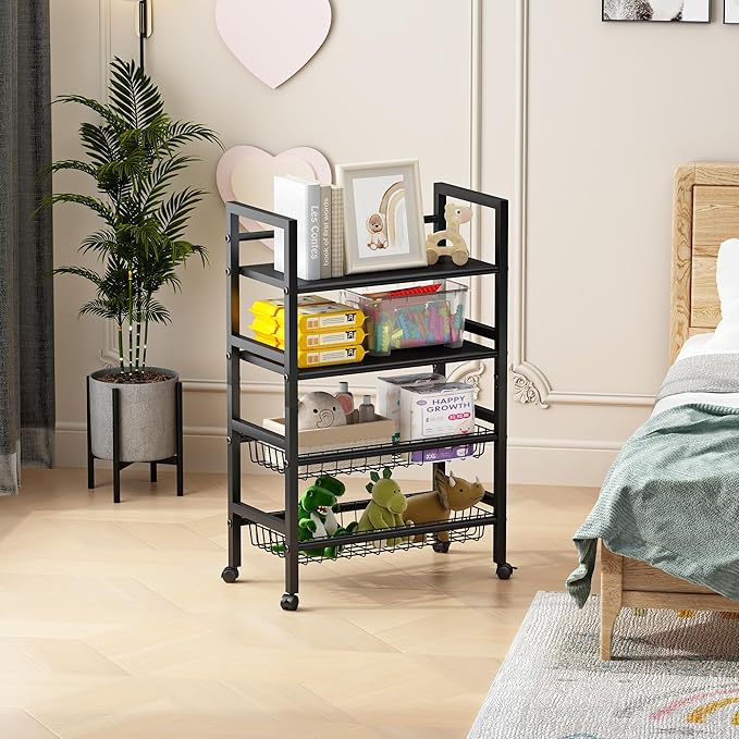 4-Tier Rolling Metal Storage Cart Mobile Organizer with Removable Grid Basket and Locking Wheels, Suitable for Multiple Uses, Black (Large)