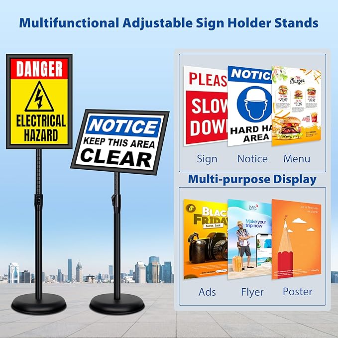 4 Pack Sign Holder Stands - 11 x17 inch Standing Sign Stand, Adjustable Poster Sign Holder Pedestal Floor Sign Stand, Aluminum Snap Open Frame for Vertical & Horizontal View Sign Stand, Black