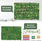 Artificial Boxwood Panel 8 Pieces 20"x20", Green Grass Wall Backdrop Wall for Fence Patio Backrop Balcony, Faux Ivy Privacy Fence Screen, 5 PCS Vines, 60 PCS Violet Flower, 2 PCS Light Strip