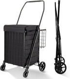 Folding Shopping Cart with Waterproof Liner, Grocery Cart Large Bag with Top Cover, 200 Lb Capacity, Utility Cart with 360° Rolling Swivel Wheels, Medium & Extra Basket