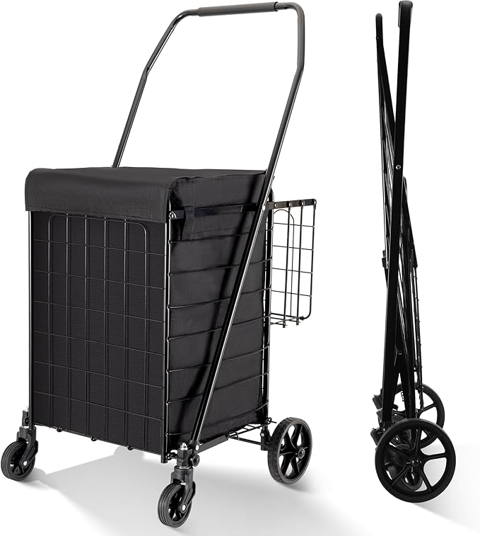 Folding Shopping Cart with Waterproof Liner, Grocery Cart Large Bag with Top Cover, 200 Lb Capacity, Utility Cart with 360° Rolling Swivel Wheels, Medium & Extra Basket