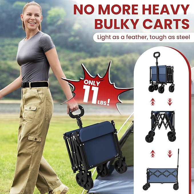 Collapsible Wagon with Wheels & Tailgate, 350LBS Wagons Carts Foldable Heavy Duty, Lightweight Portable Folding Utility Wagon Grocery Shopping Cart for Garden, Camping, Beach (Navy)