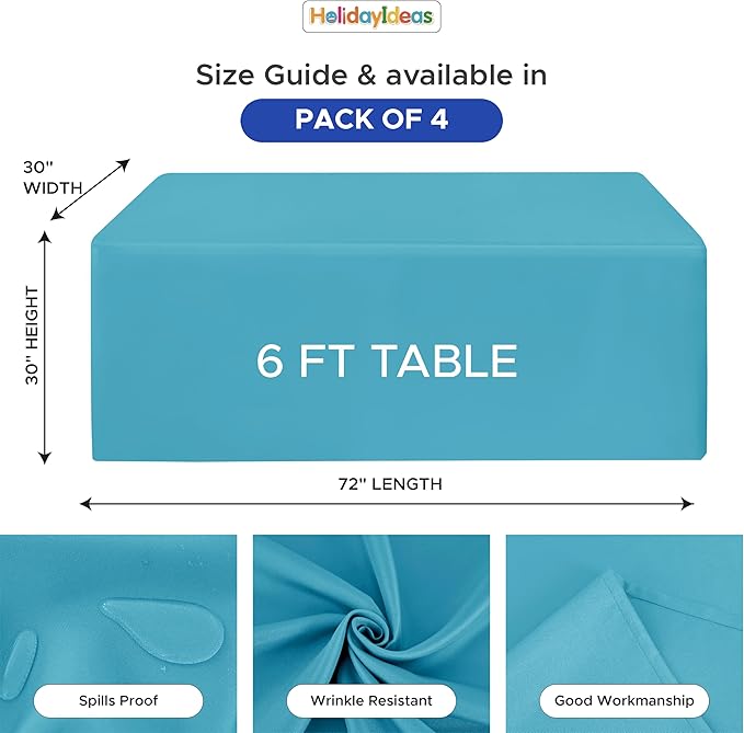 HolidayIdeas Fitted Tablecloths for 6 Foot Rectangle Table, Wrinkle Resistant Washable Table Cover 30x72 Inch for Vendor Booth Display, Banquet, Trade Show, Teal, 4 Pcs