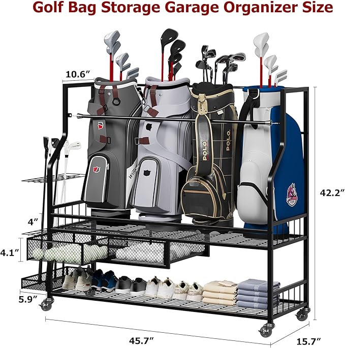 PeakPursuit Golf Bag Organizer and Storage Rack Stand Holder Fits Golf Club Bags and Multiple Golfing Equipment Accessories, Storage Rack with Drawers and Wheels for Indoor/Outdoor Garage, Clubs