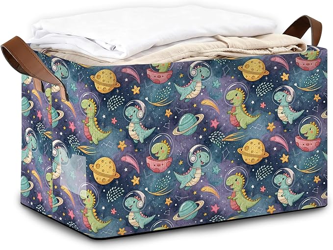 Decorative 32L Space Dinosaur Storage Bins with Handles, Organization and Storage, Cube Storage Organizer for Hamper, Nursery