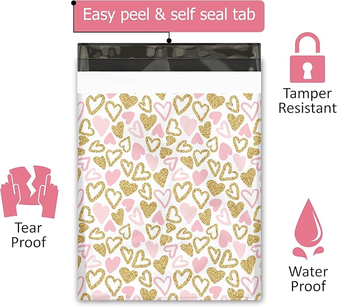 12x15 (50) Pink and Gold Hearts Valentine's Day Designer Poly Mailers Waterproof Self Sealing Tear Resistant Polymailers Large Shipping Envelopes Premium Printed Bags For Small Businesses