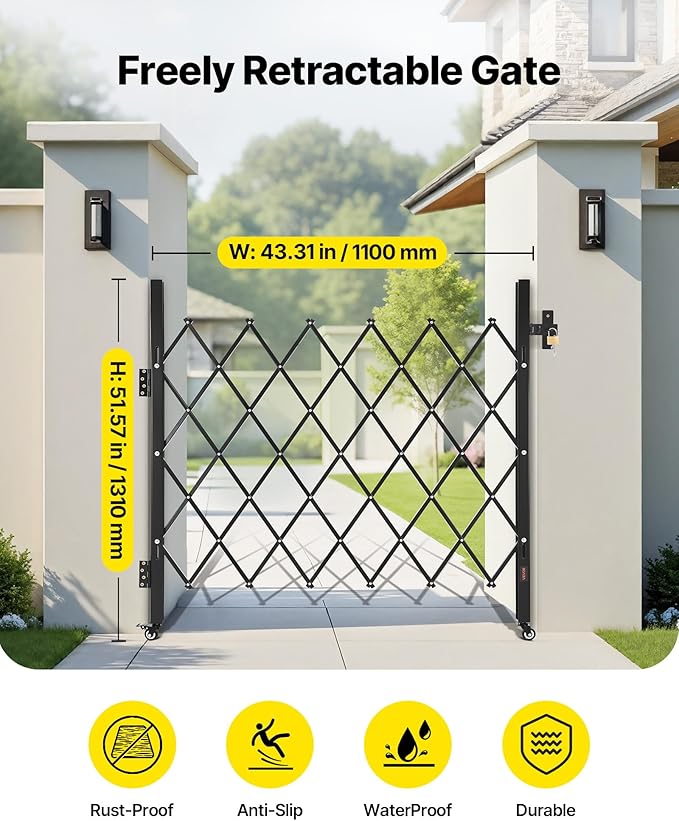 VEVOR Single Folding Security Gate, Lockable Scissor Gate with 360° Swivel Casters, Outdoor Barricade Steel Retractable Gates, for Entry Security, Garage, Warehouse & Pool, 43.31 x 51.57 in (W x H)