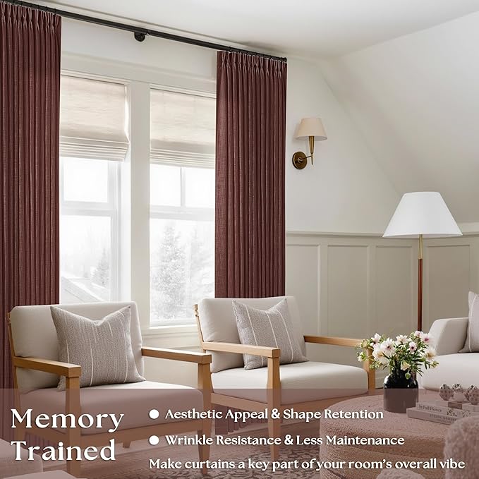Brick Brown Pinch Pleated Linen Curtains 90 Inches Long for Living Room Bedroom 2 Panels Light Filtering Pinch Pleat Hooks Rings Back Tab Red Chestnut Country Farmhouse 90 Inch Window Curtain Drapes