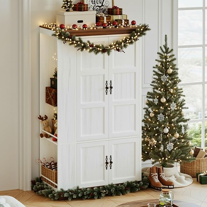 IRONCK Armoire Wardrobe Closet with Side Half Mirror, 70" Freestanding 4-Door Storage Cabinet for Bedroom, Features Side Hooks, Open Compartments, Hanging Rod & Shelves, White Armoire