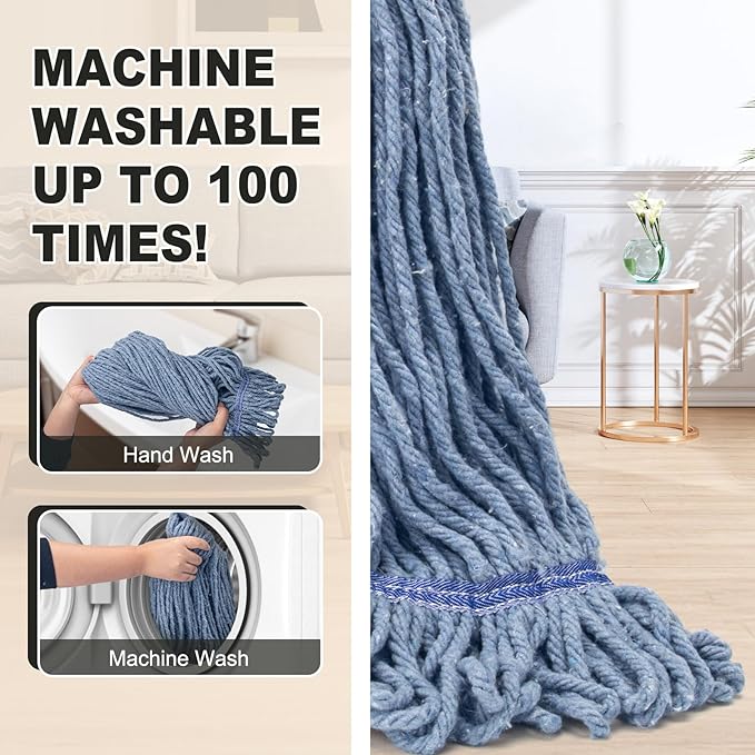Heavy Duty Commercial Mop with 3 Extra Large Reusable Replacement Head,59" Long Handle Industrial Wet Mops,Looped-End String Cotton Mop for Floor Cleaning,House,Kitchen,Office,Garage,Tile