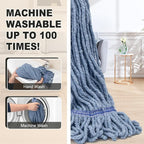 Commercial Industrial Mop with 3 Extra Large Reusable Replacement Head,59" Long Handle Heavy Duty Wet Mops,Looped-End String Cotton Mop for Floor Cleaning,House,Kitchen,Office,Garage,Tile