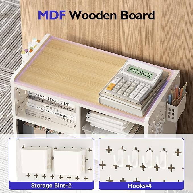TOOLF 2-Drawer Mobile File Cabinet with Wheels, MDF Wooden Panel Printer Stand with Adjustable Shelves, 2 Storage Bins & 4 Hooks, Home Office Organization, White