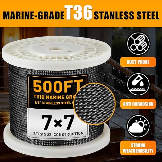 AHEONLAR 500FT 1/8" T316 Stainless Steel Cable for Railing,7x7 Wire Rope with Cutter,1850 lb Breaking Strength,Deck Stair Fence Hardware Kit for Indoor Outdoor Use,Black