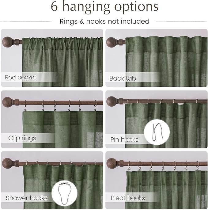NICETOWN Thick Linen Blend Semi Sheer Forest Green Curtains, Pleat Tape Privacy Added Drapes with Light Filtering Window Treatments for Bedroom/Living Room, W52 x L108, 2 Panels